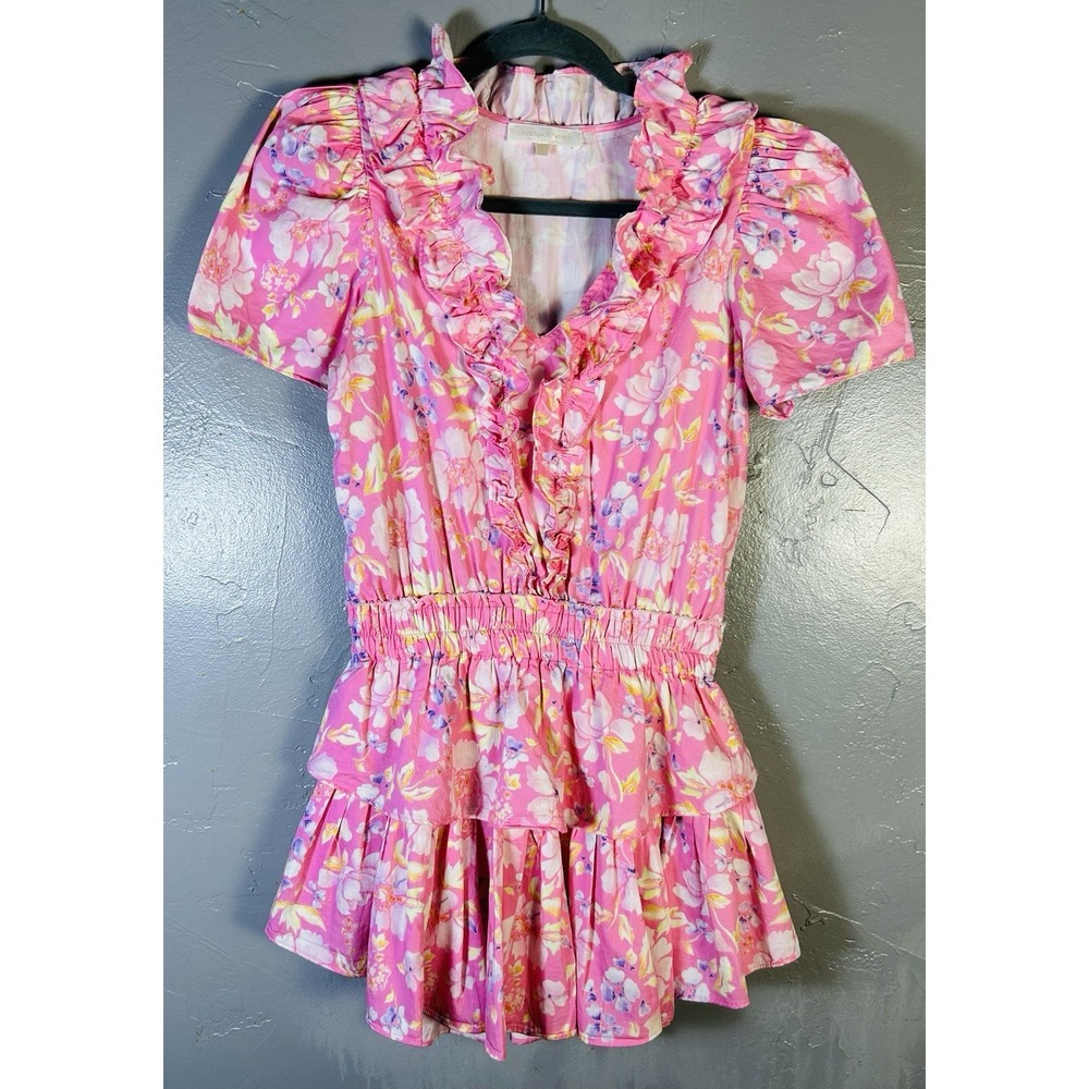 LoveShackFancy Ellis Mini Dress pink party bash floral print XS Flirty Feminine